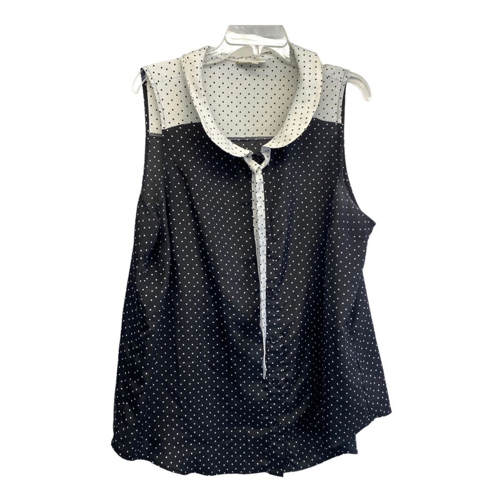 Modcloth women's blouse 1X sleeveless polkadot Peter Pan collar bow black ecru